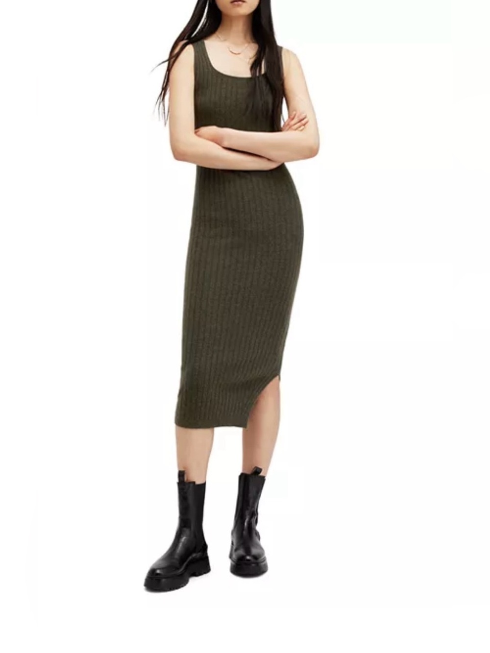 All Saints Olive Ribbed Knit Midi Dress Set - Picture 5 of 11
